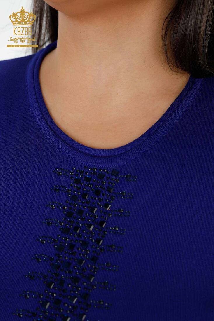 Women's Knitwear Sweater Stripe Stone Embroidered Saks - 14788 | KAZEE