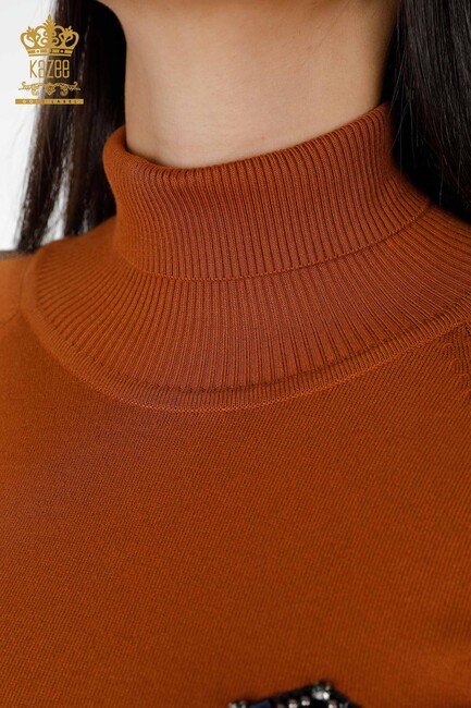 Women's Knitwear Sweater Stripe Stone Embroidered Tobacco - 15062 | KAZEE - Thumbnail