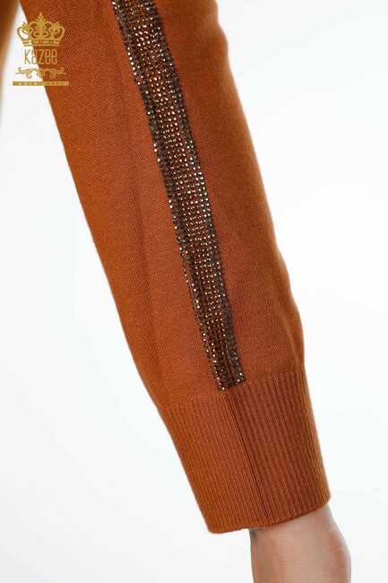 Women's Knitwear Sweater Stripe Stone Embroidered Tobacco - 15062 | KAZEE - Thumbnail