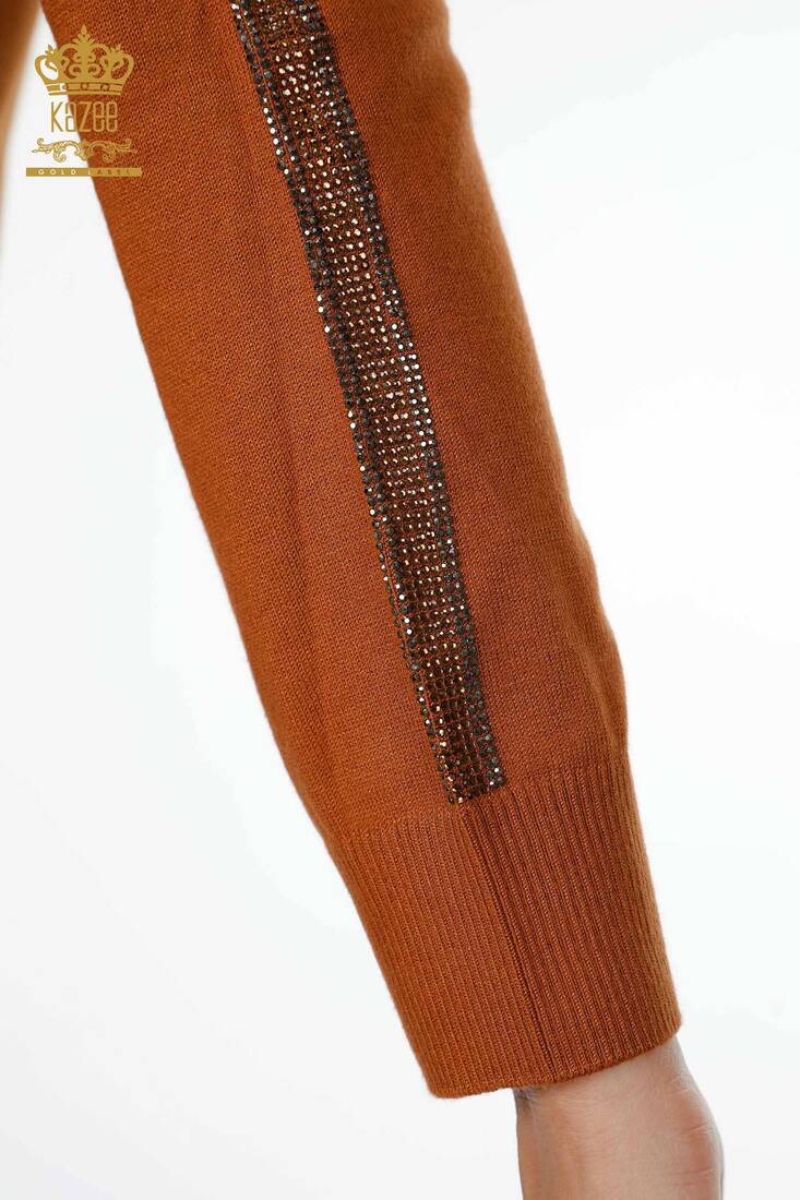 Women's Knitwear Sweater Stripe Stone Embroidered Tobacco - 15062 | KAZEE