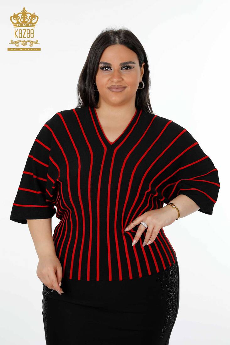Women's Knitwear Sweater Striped Black-Red - 15766 | KAZEE