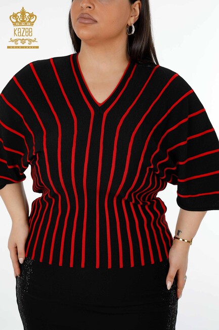 Women's Knitwear Sweater Striped Black-Red - 15766 | KAZEE - Thumbnail