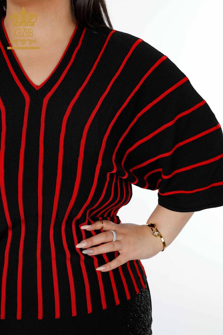 Women's Knitwear Sweater Striped Black-Red - 15766 | KAZEE