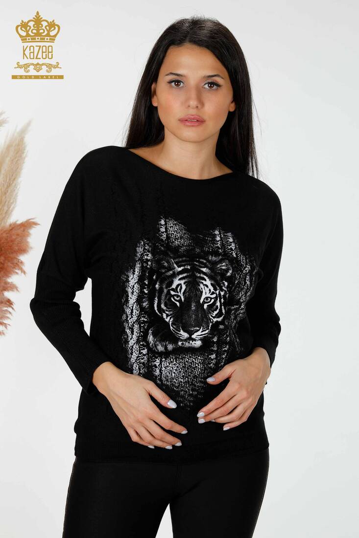 Women's Knitwear Sweater Tiger Detail Black - 15292 | KAZEE