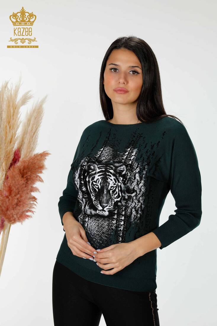 Women's Knitwear Sweater Tiger Detail Dark Green - 15292 | KAZEE