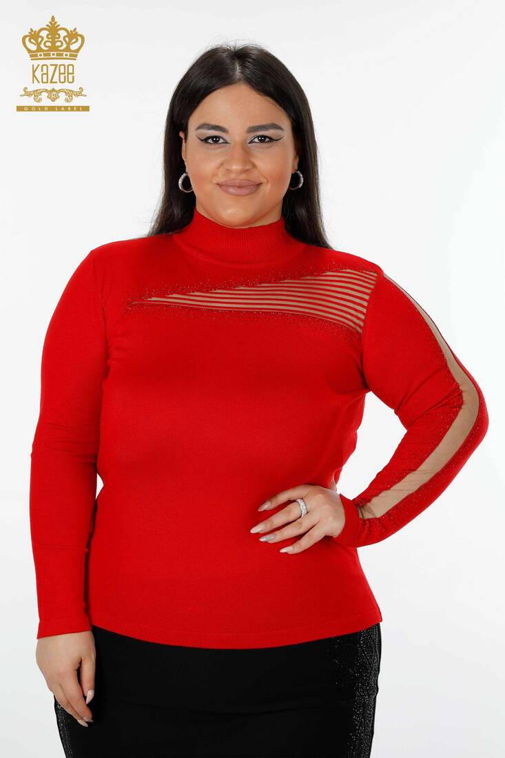 Women's Knitwear Sweater Tulle Detailed Red - 15168 | KAZEE