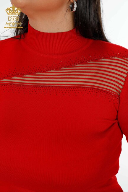Women's Knitwear Sweater Tulle Detailed Red - 15168 | KAZEE - Thumbnail