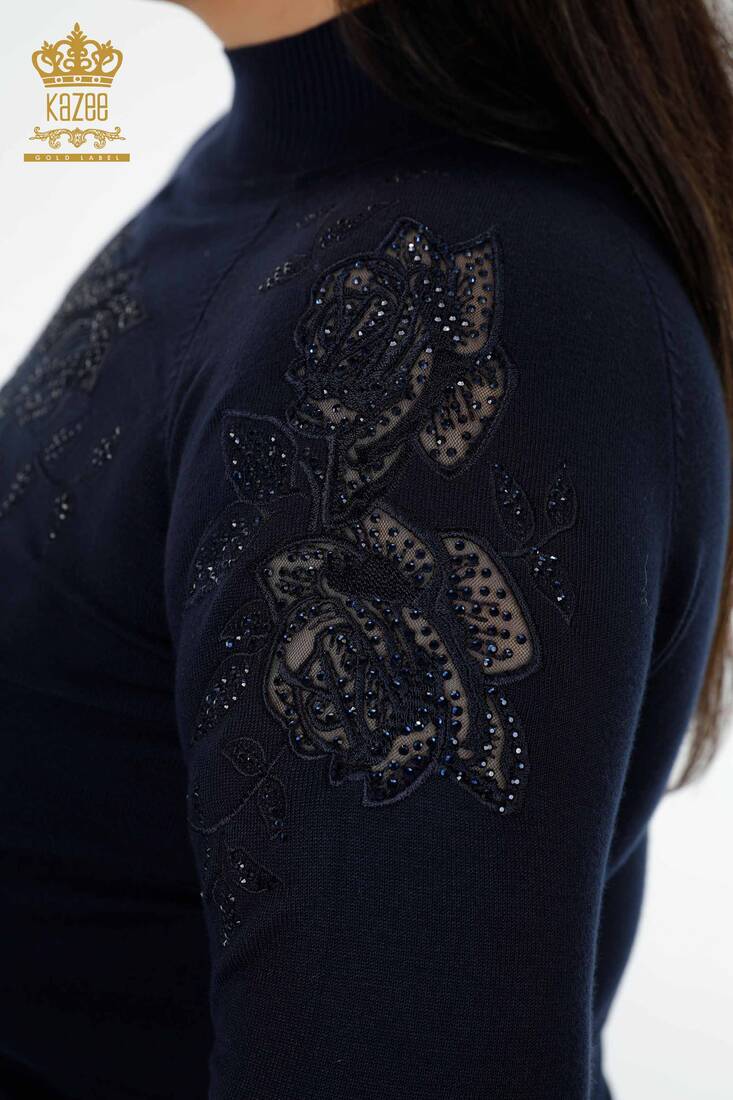Women's Knitwear Sweater Tulle Detailed Navy - 14752 | KAZEE