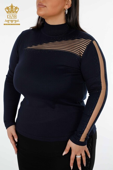 Women's Knitwear Sweater Tulle Detailed Navy - 15168 | KAZEE - Thumbnail
