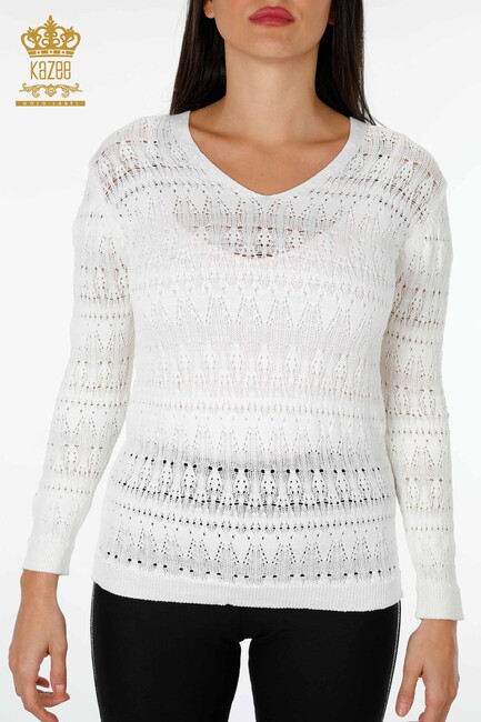 Women's Knitwear Sweater V Neck Ecru - 14853 | KAZEE - Thumbnail