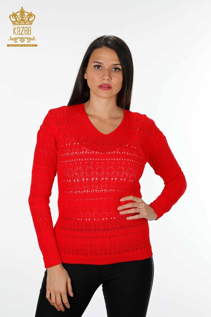Women's Knitwear Sweater V Neck Red - 14853 | KAZEE - Thumbnail