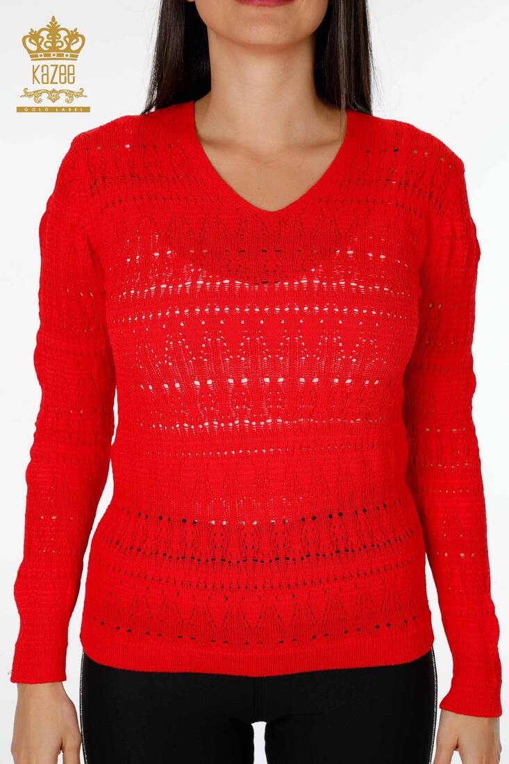 Women's Knitwear Sweater V Neck Red - 14853 | KAZEE
