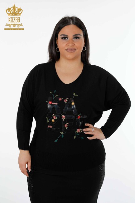 Women's Knitwear Sweater Written Black - 16466 | KAZEE - Thumbnail