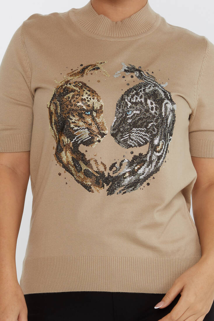 Women's Knitwear Tiger Patterned Stone Detailed Beige - 30463 | KAZEE