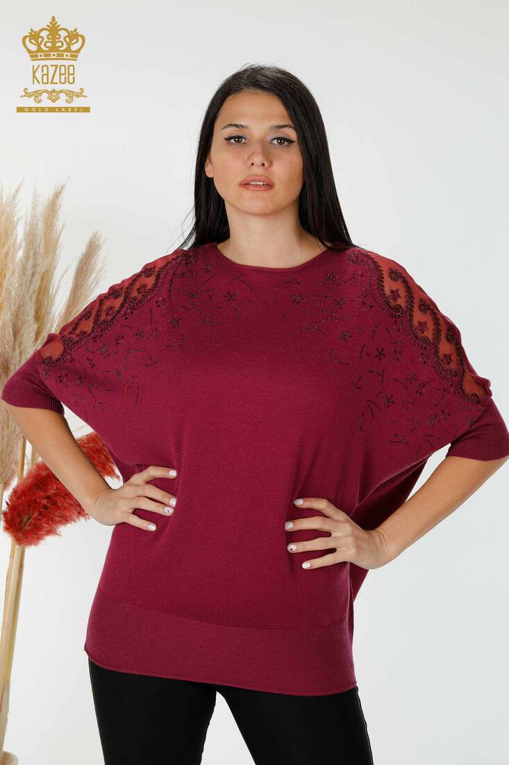 Women's Knitwear Tulle Detailed Purple - 16826 | KAZEE