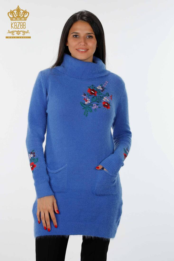 Women's Knitwear Tunic Floral Pattern Blue - 18870 | KAZEE