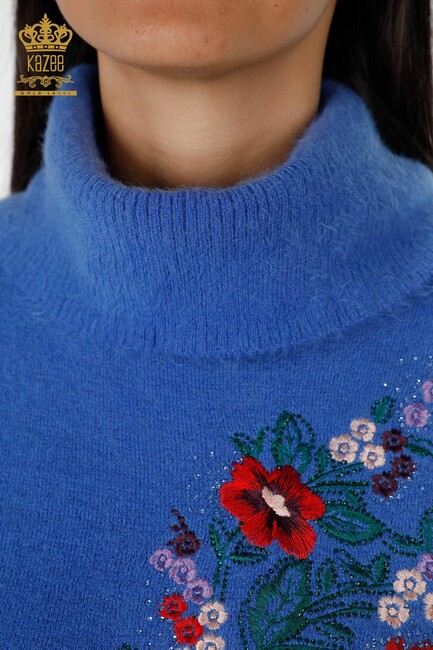 Women's Knitwear Tunic Floral Pattern Blue - 18870 | KAZEE - Thumbnail