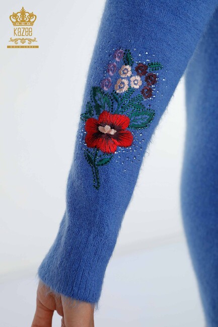 Women's Knitwear Tunic Floral Pattern Blue - 18870 | KAZEE - Thumbnail