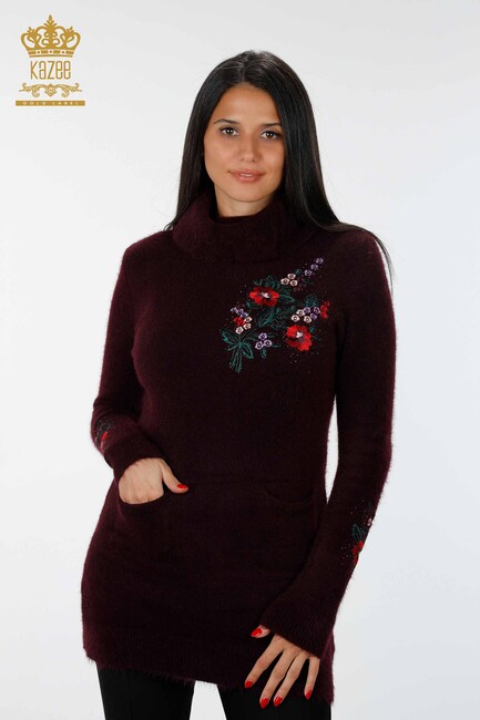 Women's Knitwear Tunic Floral Patterned Plum - 18870 | KAZEE - Thumbnail