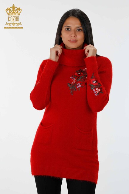 Women's Knitwear Tunic Floral Pattern Red - 18870 | KAZEE - Thumbnail