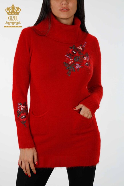 Women's Knitwear Tunic Floral Pattern Red - 18870 | KAZEE - Thumbnail