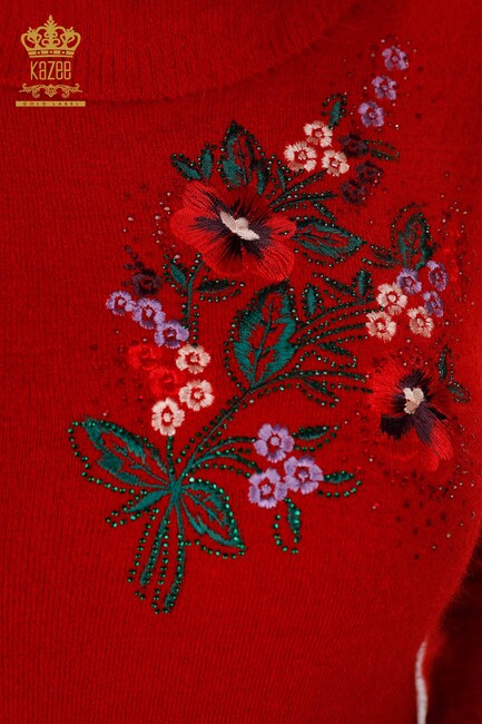Women's Knitwear Tunic Floral Pattern Red - 18870 | KAZEE - Thumbnail
