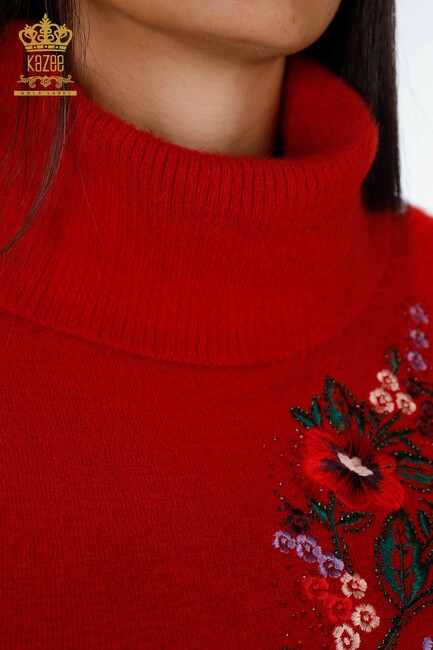 Women's Knitwear Tunic Floral Pattern Red - 18870 | KAZEE - Thumbnail