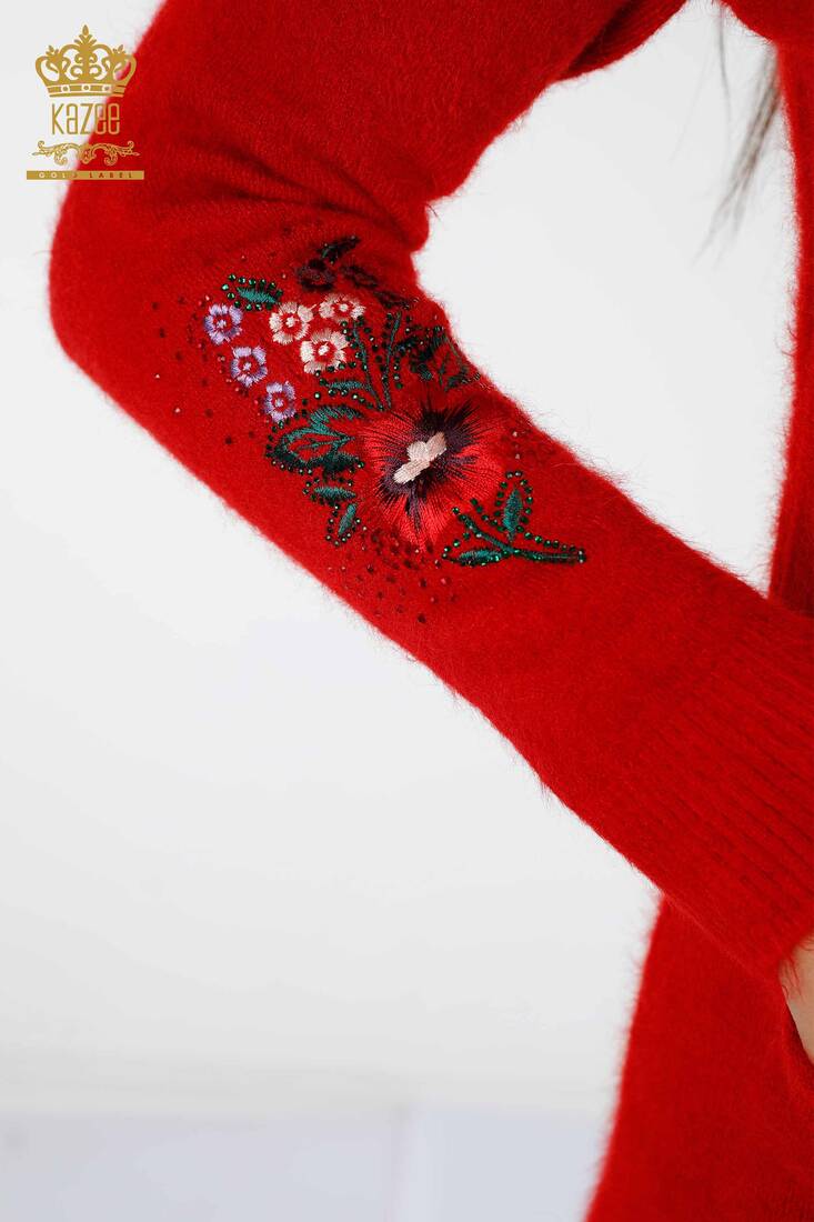 Women's Knitwear Tunic Floral Pattern Red - 18870 | KAZEE