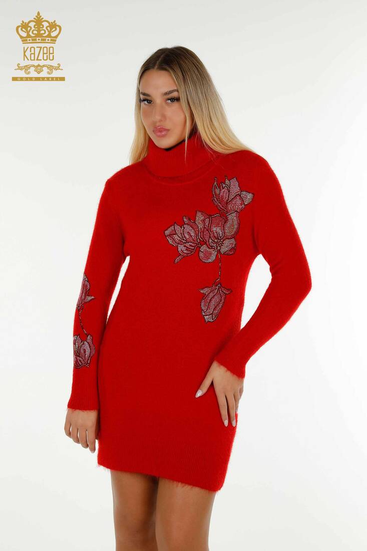 Women's Knitwear Tunic Floral Pattern Red - 18887 | KAZEE