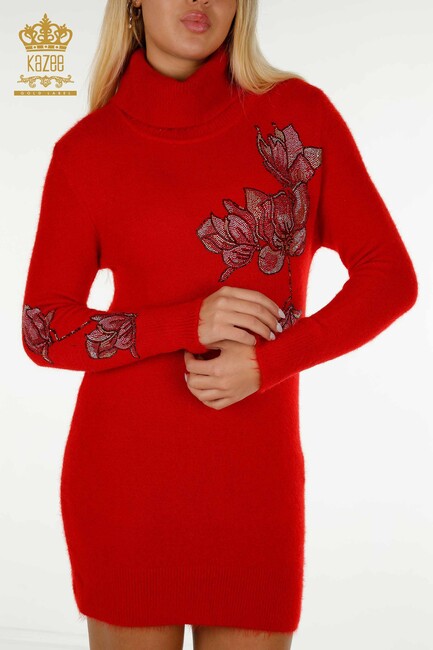 Women's Knitwear Tunic Floral Pattern Red - 18887 | KAZEE - Thumbnail