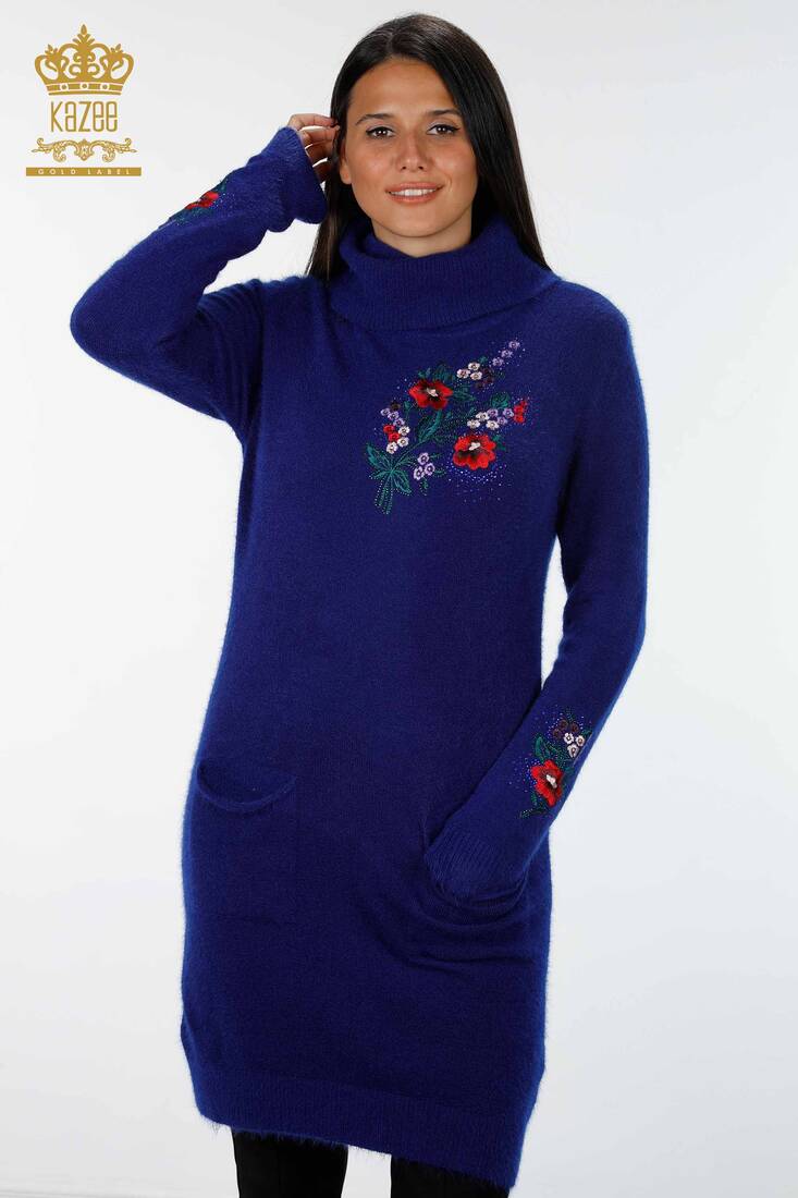 Women's Knitwear Tunic Flower Patterned Sax - 18870 | KAZEE