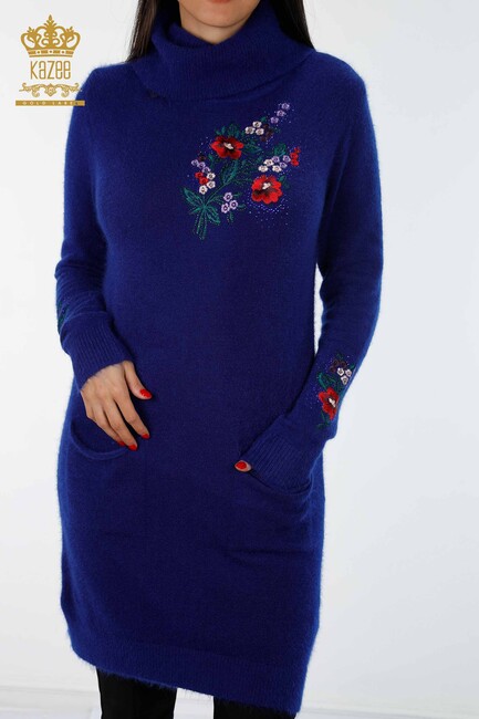 Women's Knitwear Tunic Flower Patterned Sax - 18870 | KAZEE - Thumbnail