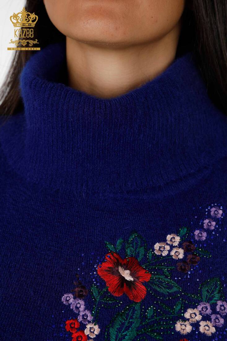 Women's Knitwear Tunic Flower Patterned Sax - 18870 | KAZEE