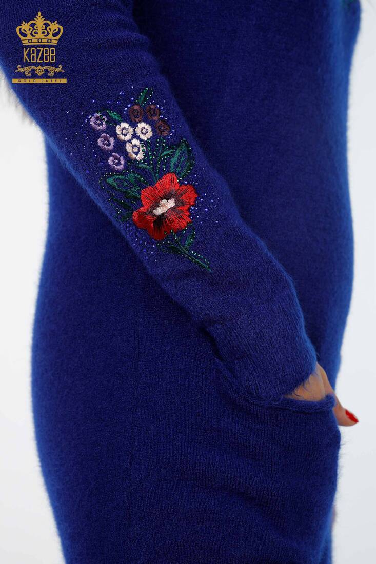 Women's Knitwear Tunic Flower Patterned Sax - 18870 | KAZEE