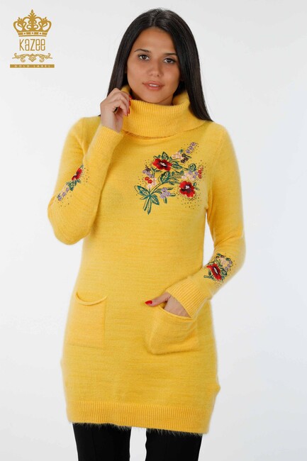 Women's Knitwear Tunic Floral Pattern Yellow - 18870 | KAZEE - Thumbnail