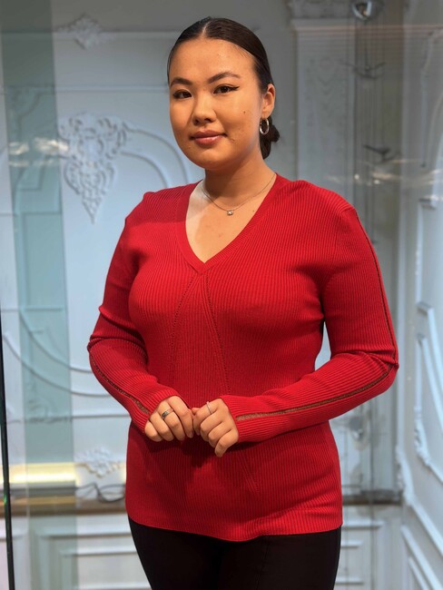 Women's Knitwear V Neck Sleeve Tulle Detail Red - 16249 | KAZEE - Thumbnail