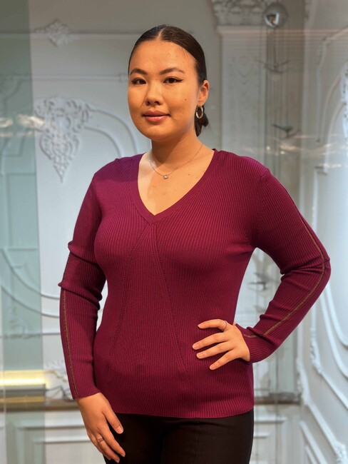 Women's Knitwear V Neck Sleeve Tulle Detailed Purple - 16249 | KAZEE - Thumbnail