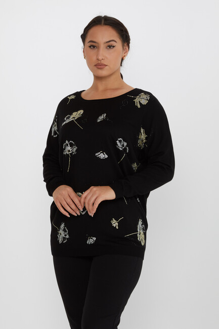 Women's Knitwear Floral Stone Detailed Crew Neck Black - 16622 | KAZEE - Thumbnail