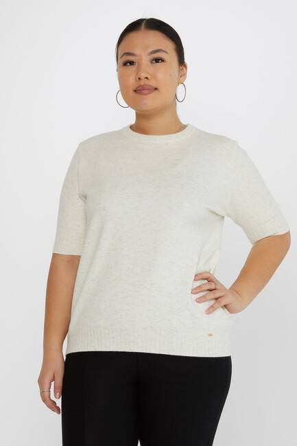 Women's Knitwear Glitter Detail Short Sleeve Ecru - 31634 | KAZEE - Thumbnail