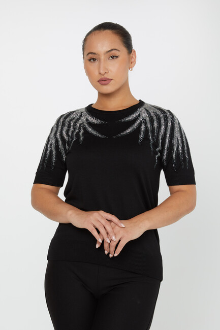 Women's Knitwear Stone Detailed American Model Black-Ecru - 31237 | KAZEE - Thumbnail