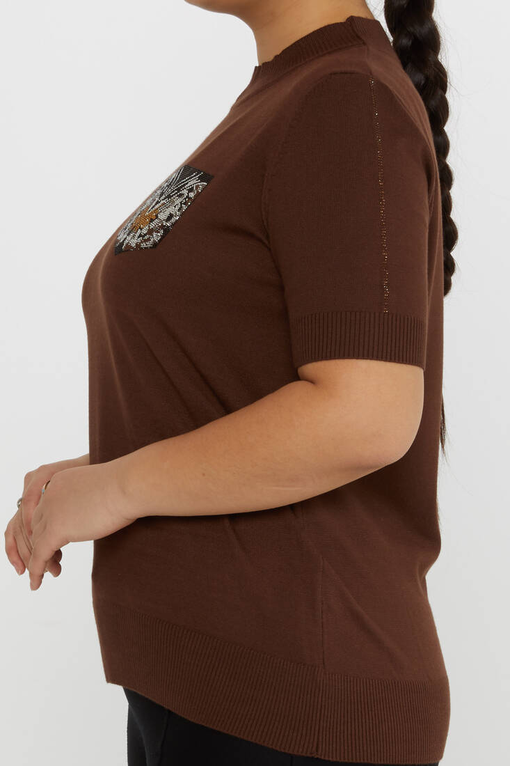 Women's Knitwear Stone Detailed Stand Collar Brown - 31552 | KAZEE