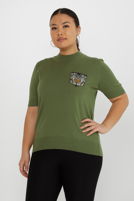 Women's Knitwear Stone Detailed Stand Collar Khaki - 31552 | KAZEE - Thumbnail
