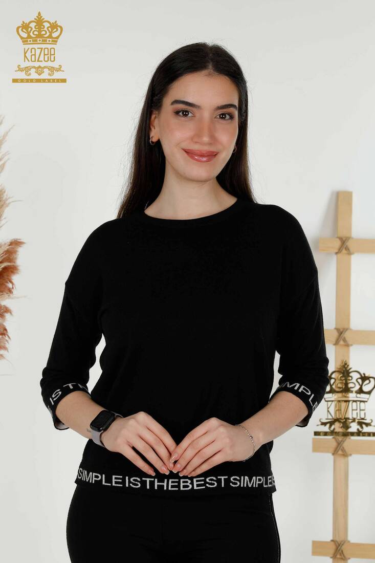 Women's Knitwear Letter Detailed Black-Ecru - 30359 | KAZEE