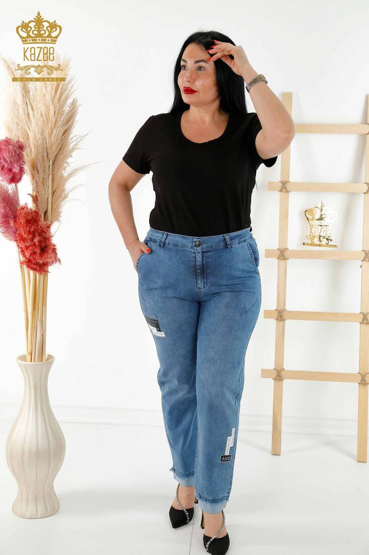 Women's Trousers Blue with Text Detailed - 3677 | KAZEE