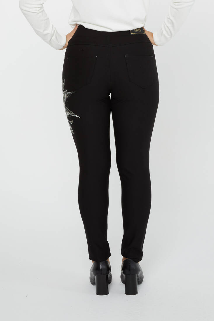 Women's Elastic Waist Trousers Flower Stone Detail Black - 3784 | KAZEE