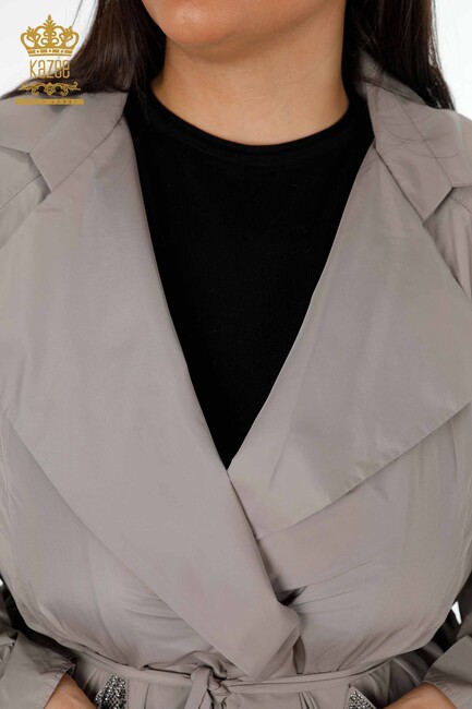 Women's Raincoat Crystal Stone Embroidered Gray - 7575 | KAZEE - Thumbnail