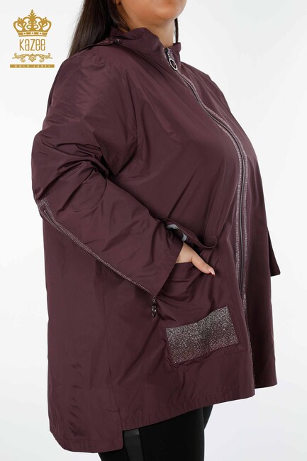 Women's Raincoat Sliver Stone Embroidered Claret Red - 7573 | KAZEE - Thumbnail