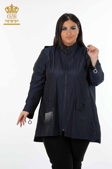 Women's Raincoat Striped Stone Embroidered Navy Blue - 7573 | KAZEE - Thumbnail