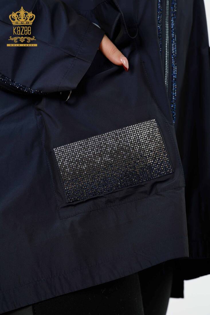Women's Raincoat Striped Stone Embroidered Navy Blue - 7573 | KAZEE