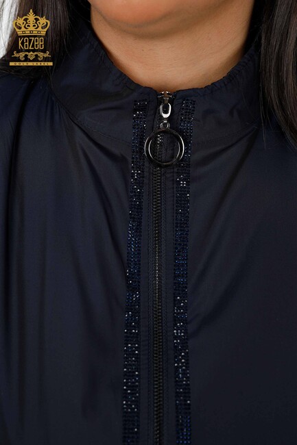Women's Raincoat Striped Stone Embroidered Navy Blue - 7573 | KAZEE - Thumbnail